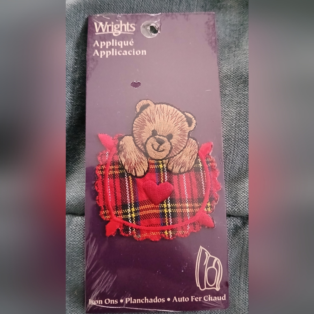 Wright's Red Heart Teddy Bear Plaid embroidered Iron On Applique Patch